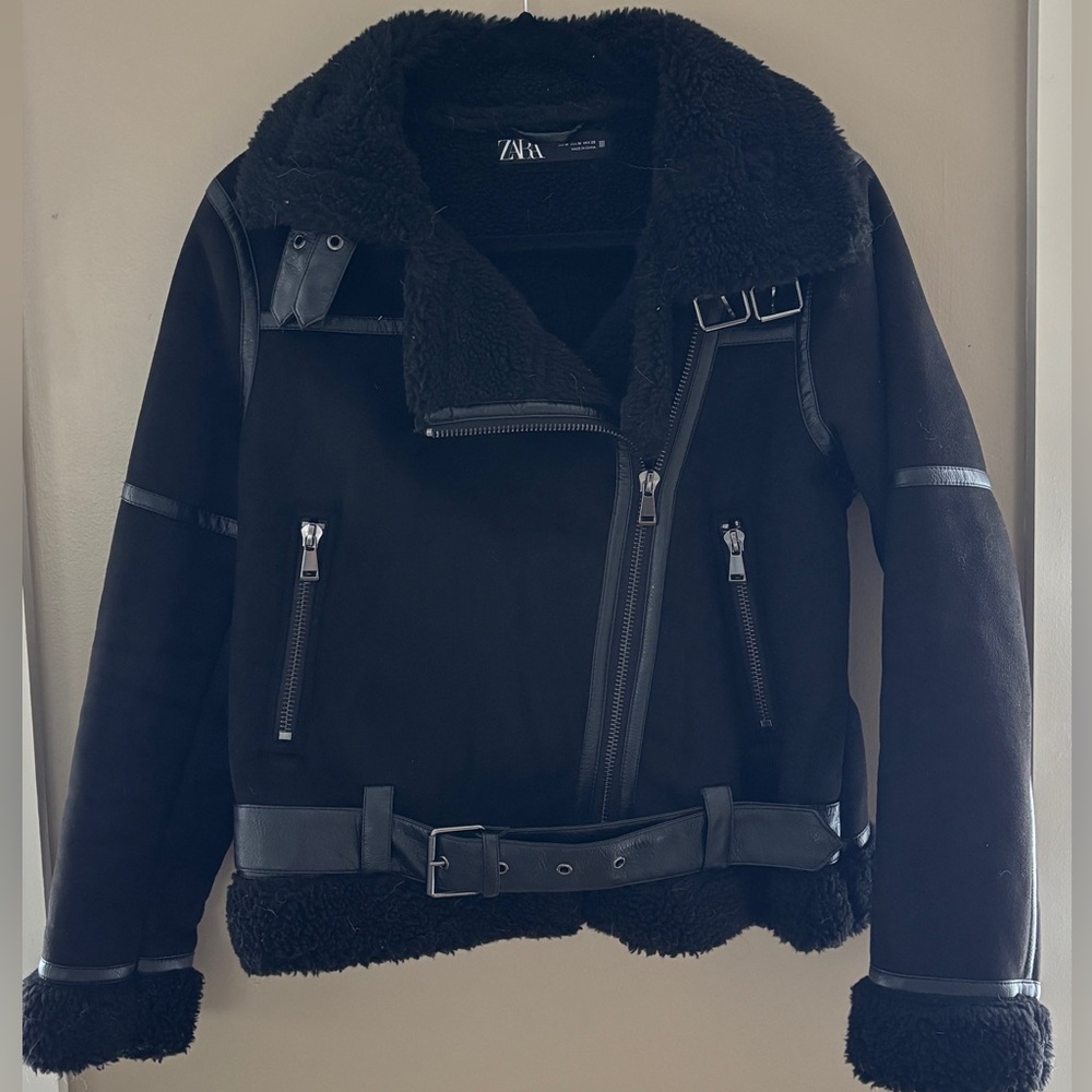 Zara Black Shearling.Bomber Jacket with faux leather trims and silver buckles.